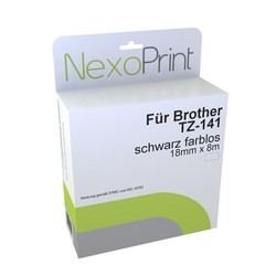 NexoPrint Schriftband schwarz auf farblos 18mm x 8m, laminiert f&#252;r Brother TZ-141 